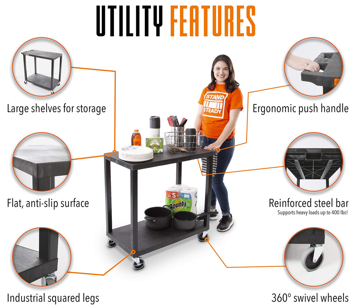 Original Tubstr - Flat Top Utility Cart - Heavy Duty, Supports up to 200 lbs - Flat Shelf Multipurpose Cart Perfect for Home, Garage, Catering, Stand Steady