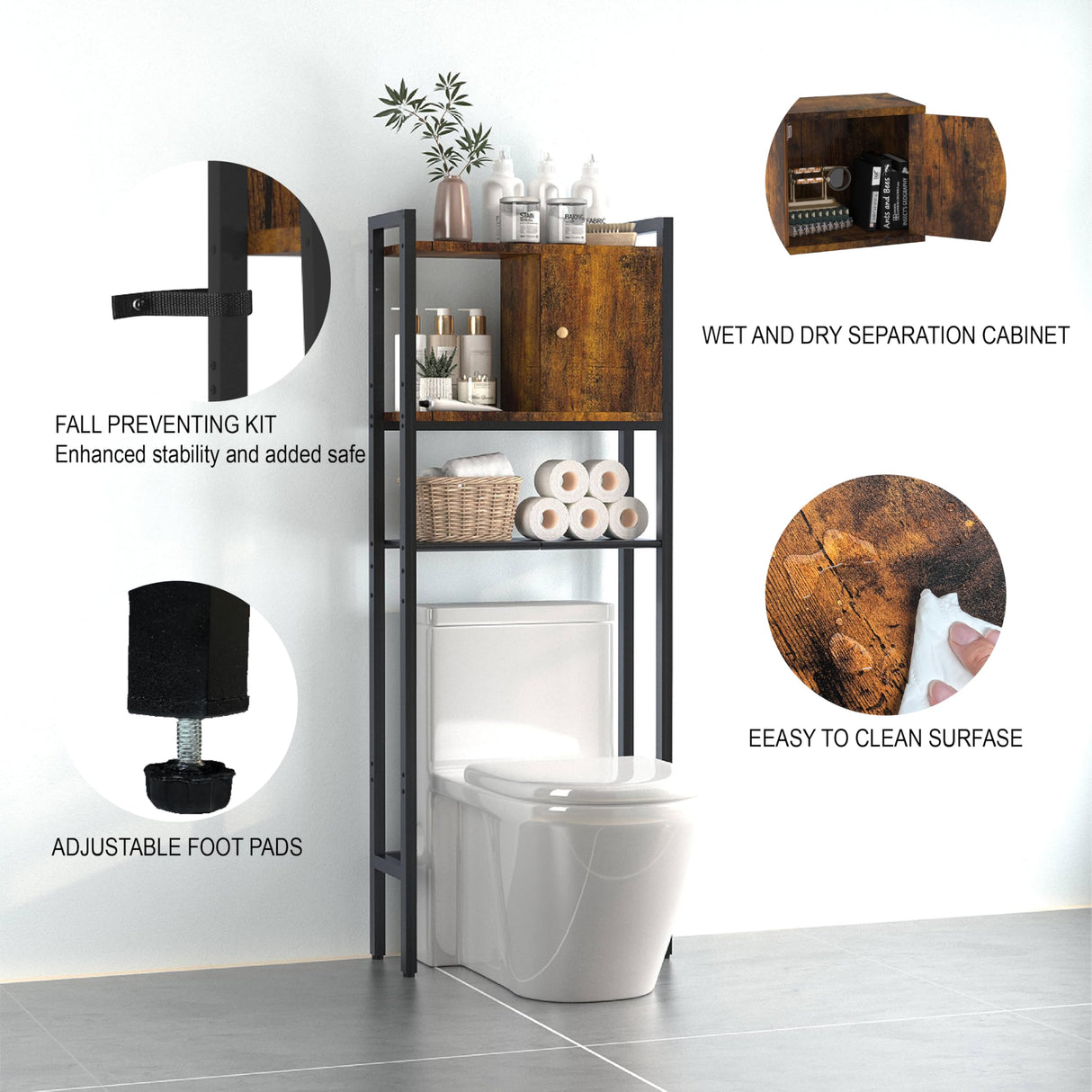 Over The Toilet Storage, 3 Tier Bathroom Organizer, Storage for Free Standing Wood Cabinet, Multifunctional Above Toilet Storage,Wood Bedaphon