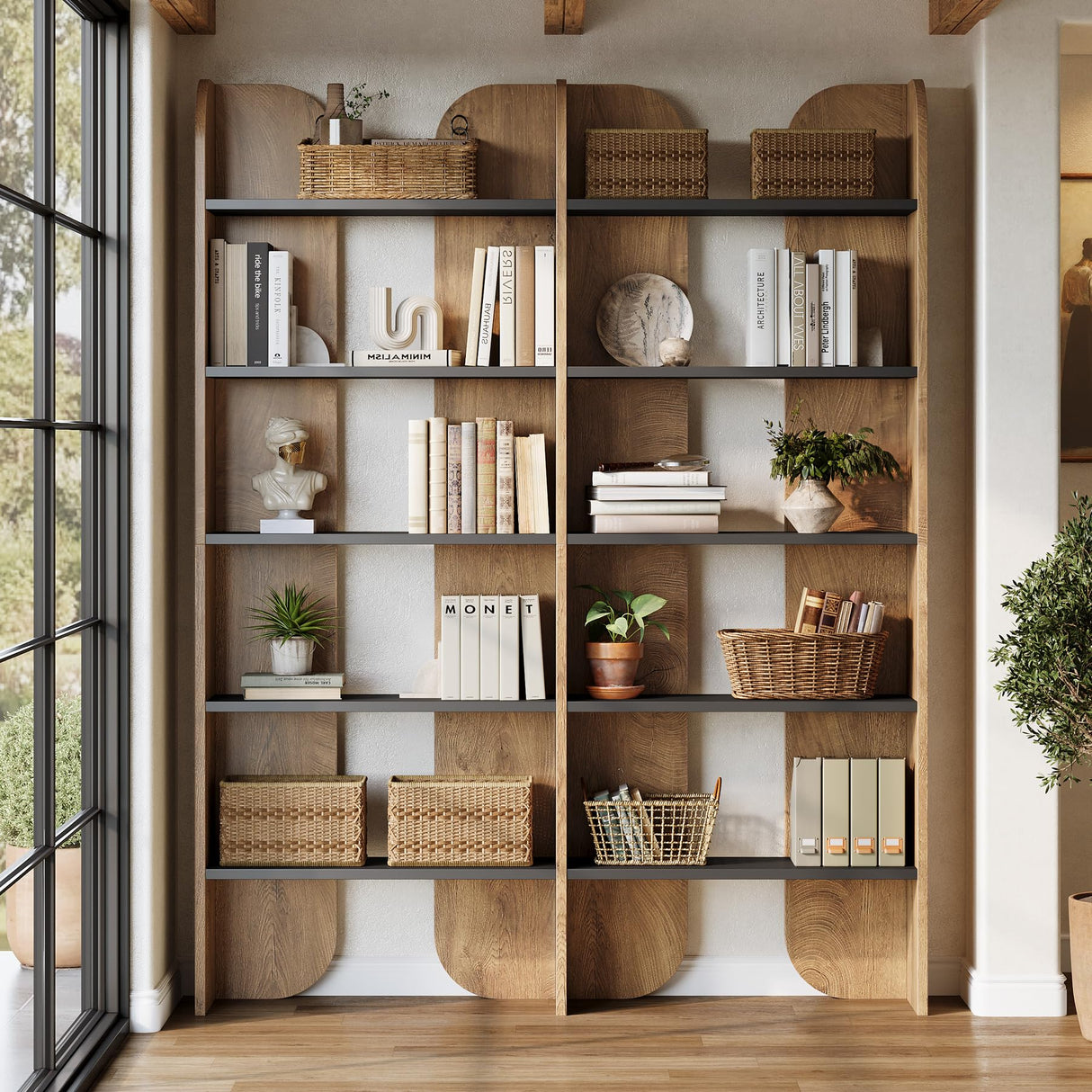 Tribesigns 70.87" Tall Farmhouse Bookshelf, 5-Tier Double Wide Bookcase with Open Shelves, Vintage Bookshelf for Living Room, Office, Study Room, Bedroom (1, Brown+Black) Tribesigns