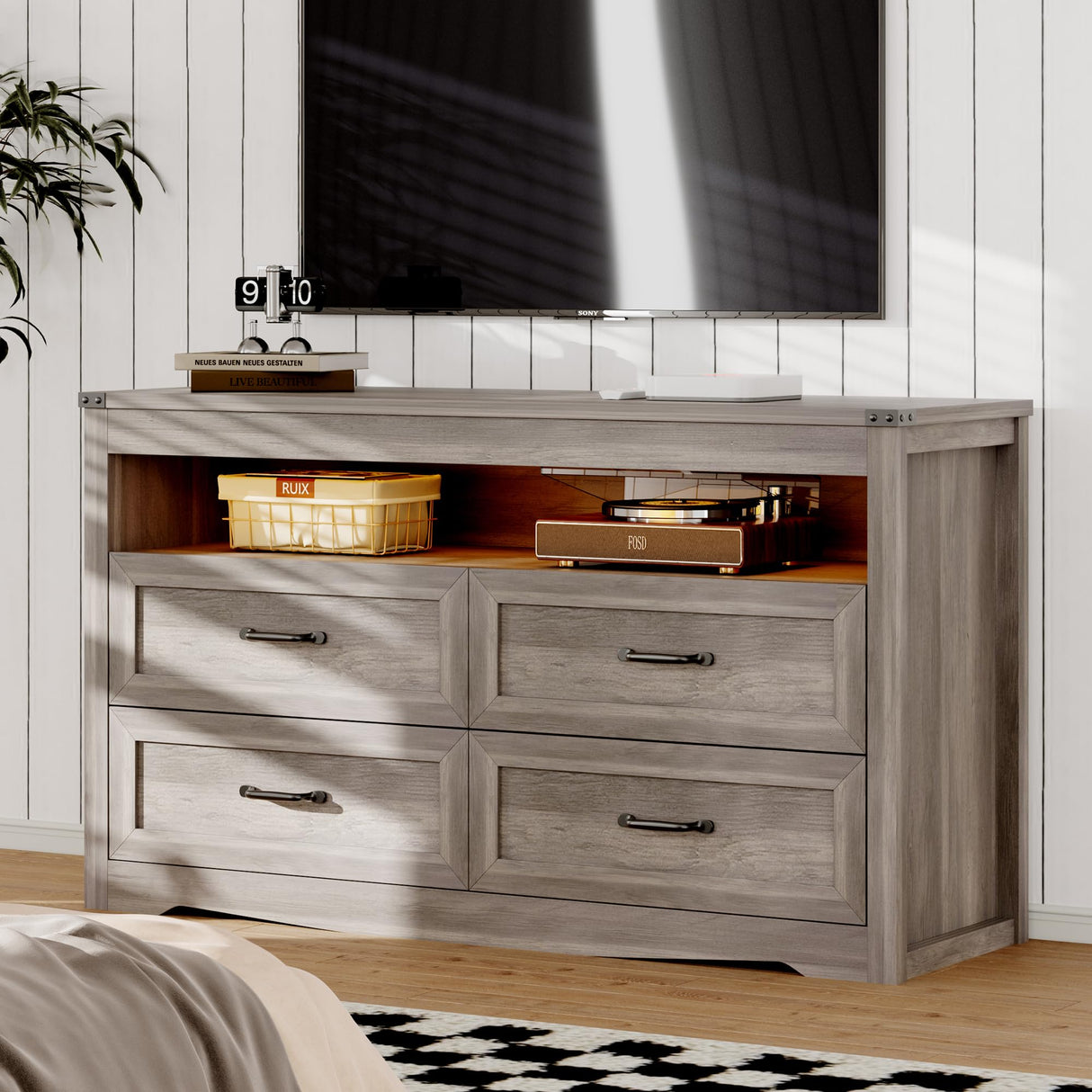 Dresser for Bedroom with 4 Drawers, Farmhouse Chest of Drawers with Natural Texture and LED Lights, Wide Wood Rustic Closet Storage Organizer, Modern Dresser TV Stand for Living Room, Entryway, Grey Xixini