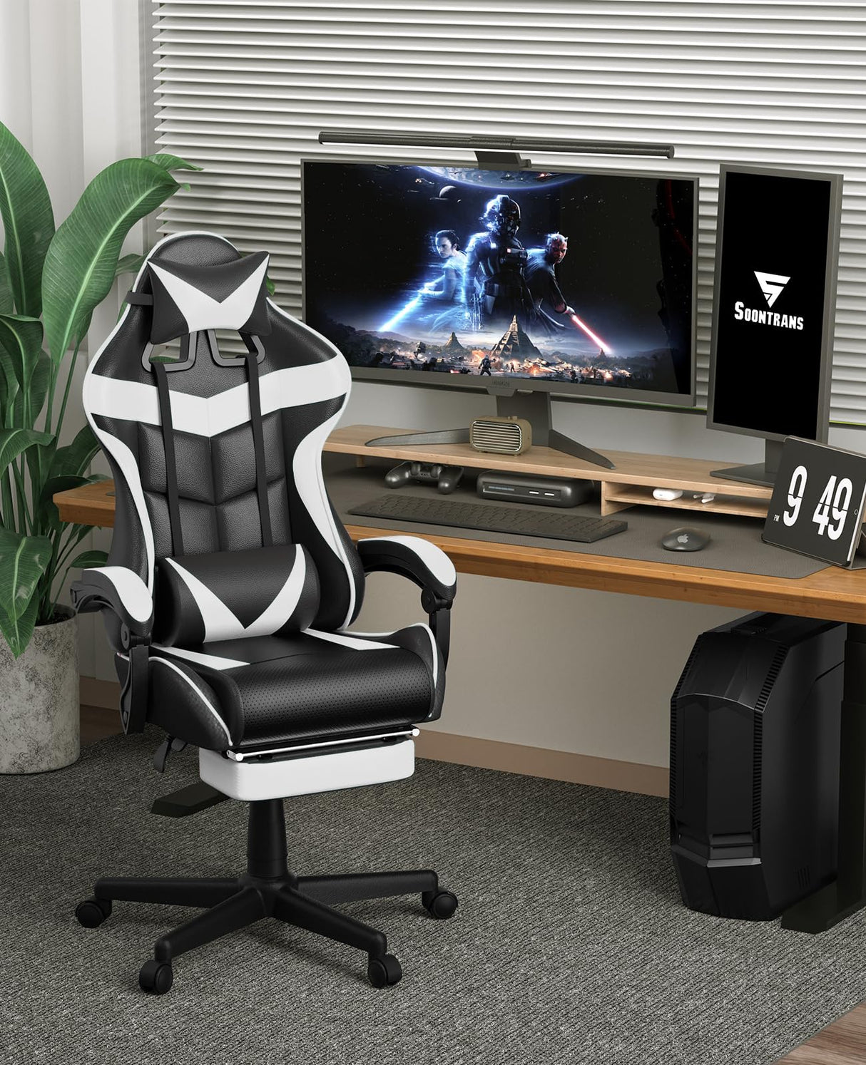 Soontrans White Gaming Chairs with Footrest, Video Game Chairs for Adults Teens,Ergonomic Gamer Chair with Headrest, Lumbar Support Adjustable Recliner Chair(Polar White) Soontrans