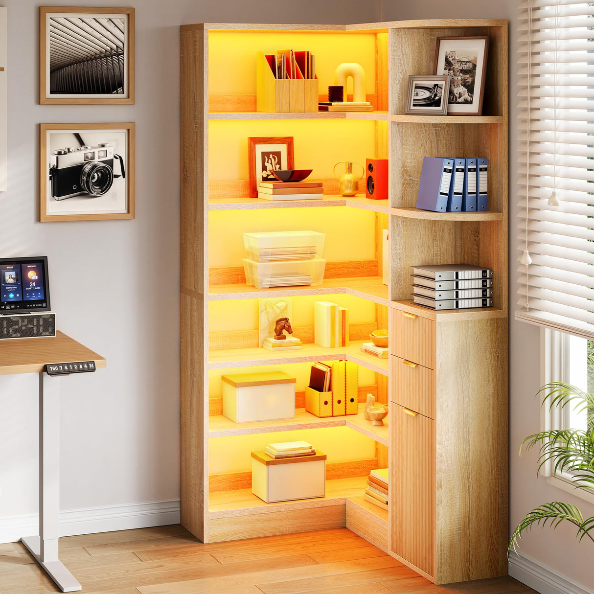 YITAHOME Corner Bookshelf with Storage, Fluted 6-Tier Bookshelf with Drawers and Cabinets L-Shaped Bookcase LED Lights Corner Display Shelf for Home Office, Living Room, Bedroom YITAHOME