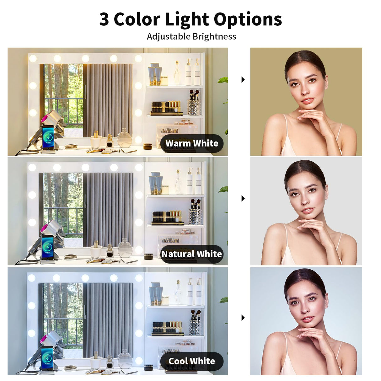 VOWNER Vanity with Lights - 47" Makeup Vanity Desk with Power Outlet, Storage Shelves and 6 Drawers, 3 Color Lighting Modes with Adjustable Brightness, Makeup Desk with Stool for Bedroom, White VOWNER