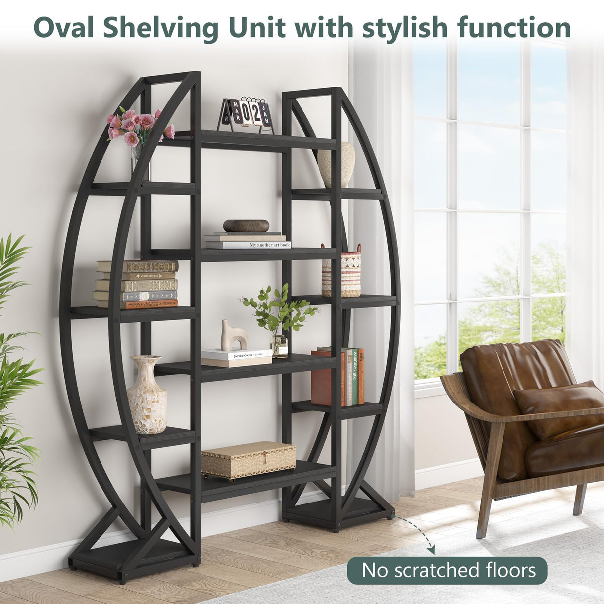 LITTLE TREE Half-Moon Shaped Bookshelf, Oval Triple Wide 5 Tiers Etagere Bookcases, Industrial Display Shelves for Living Room LITTLE TREE
