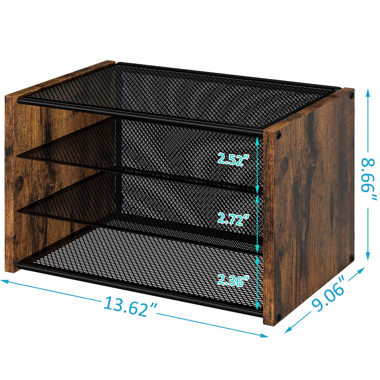 DAOUTIME 3-Tier Paper Organizer Letter Tray, Wooden Desk File Organizer, Stackable Metal Mesh Desk Organizer for A4 Printer Paper Storage. Small Paper Trays for Home Office School, Rustic Brown DAOUTIME