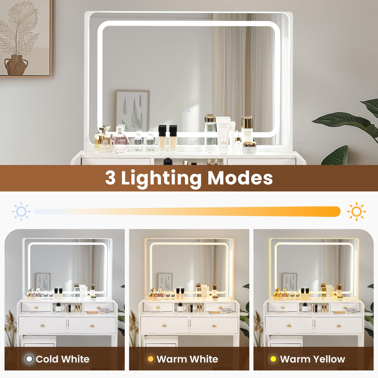 Pamapic Mobile File Cabinet Vanity Desk with Mirror and Lights, 8 Drawers Makeup Vanity Desk with Lights and Upgraded Silent Slides, 3 Lighting Modes Makeup Vanity with Charging Station, White Pamapic