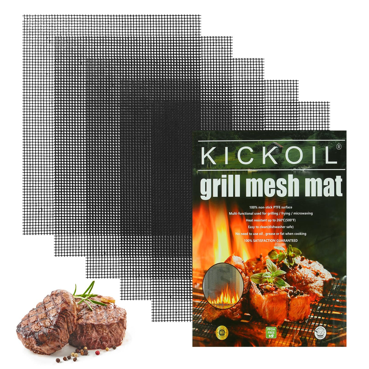 Grill Mesh Mat Set 5 Barbecue Grill Accessories Reusable Non-Stick Grill Mat for Vegetables Fish Grilling Mat Sheets for Outdoor Smoker Charcoal Gas Electric Grill BBQ Tools,XL 15.75 x 13 inch, Black KICKOIL