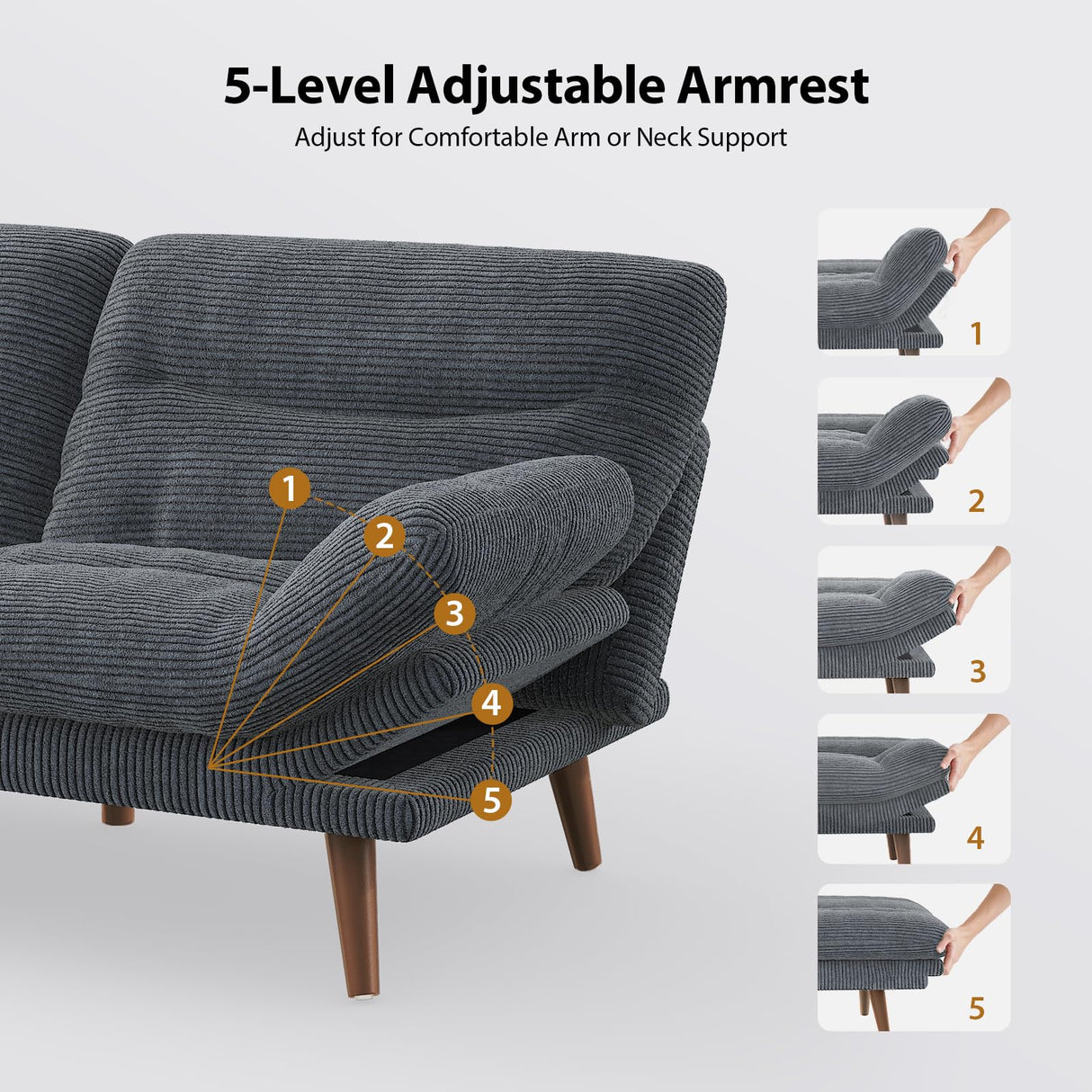 Pipishell Futon Sofa Bed, 73" Convertible Futon Couch, Adjustable Backrest & Armrests, Corduroy Recliner Sleeper Sofa for Small Spaces, Living Room, Office, Guest Room (Grey, 73 in) Pipishell