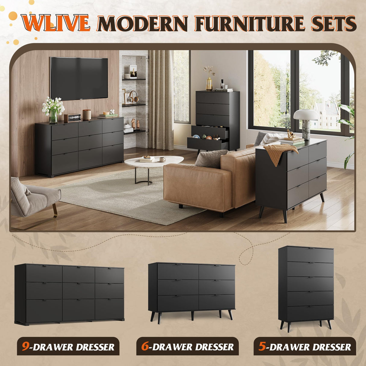 WLIVE 9 Drawer Dressers, Modern Large Wood Dresser Chest for Bedroom Organize with Sturdy Metal Handle, TV Stand for 75 inch TV, Living Room Office, Hallway, Ball Bearing Slide, Black (63" W) WLIVE