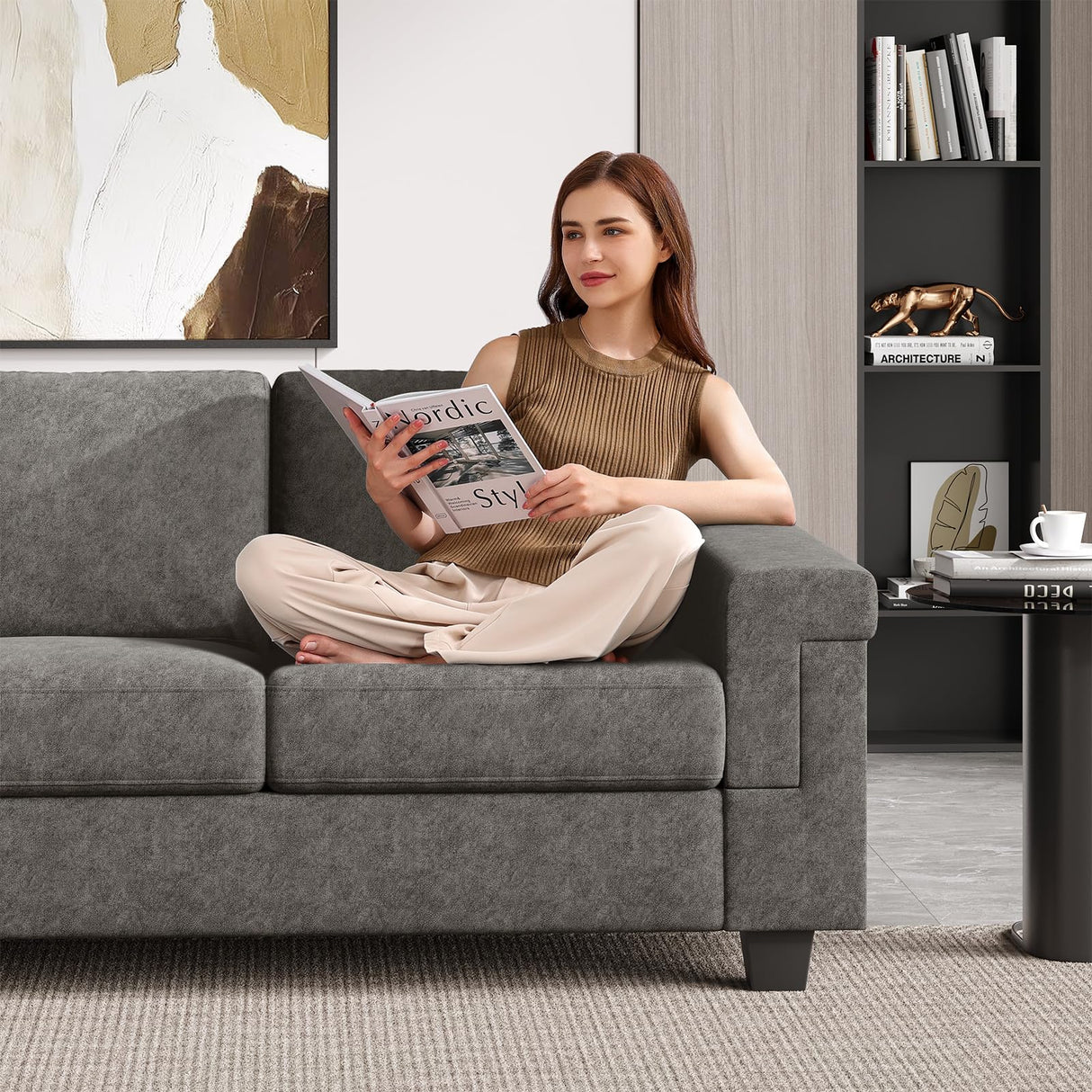 COPIAE 3 Seater Sofa Couch with Deep Seat, 90" Modern Upholstered Sofa with Armrests, Easy Installation, Comfy Couches for Living Room, Apartment, Gray COPIAE