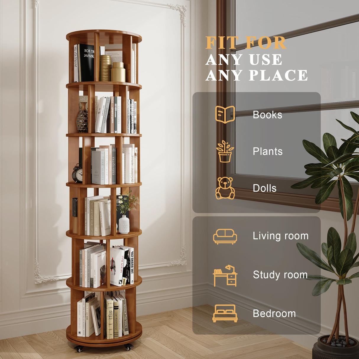 IUNVR 6 Tier Bookshelf Tower, 360° Solid Wood Spinning Bookcase with Swivel Wheels, Floor Standing Book Shelf for Small Space, Bookshelf for Home Office Study Room Bedroom Living Room IUNVR