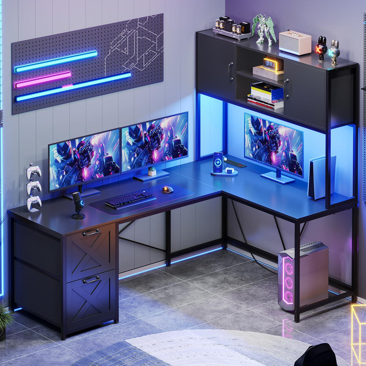 SEDETA Corner Computer Desk, Reversible L Shaped Computer Desk with Fabric Drawers and Power Outlet, Gaming Desk with Led Lights, Hutch and Storage Shelf for Home Office, Black SEDETA