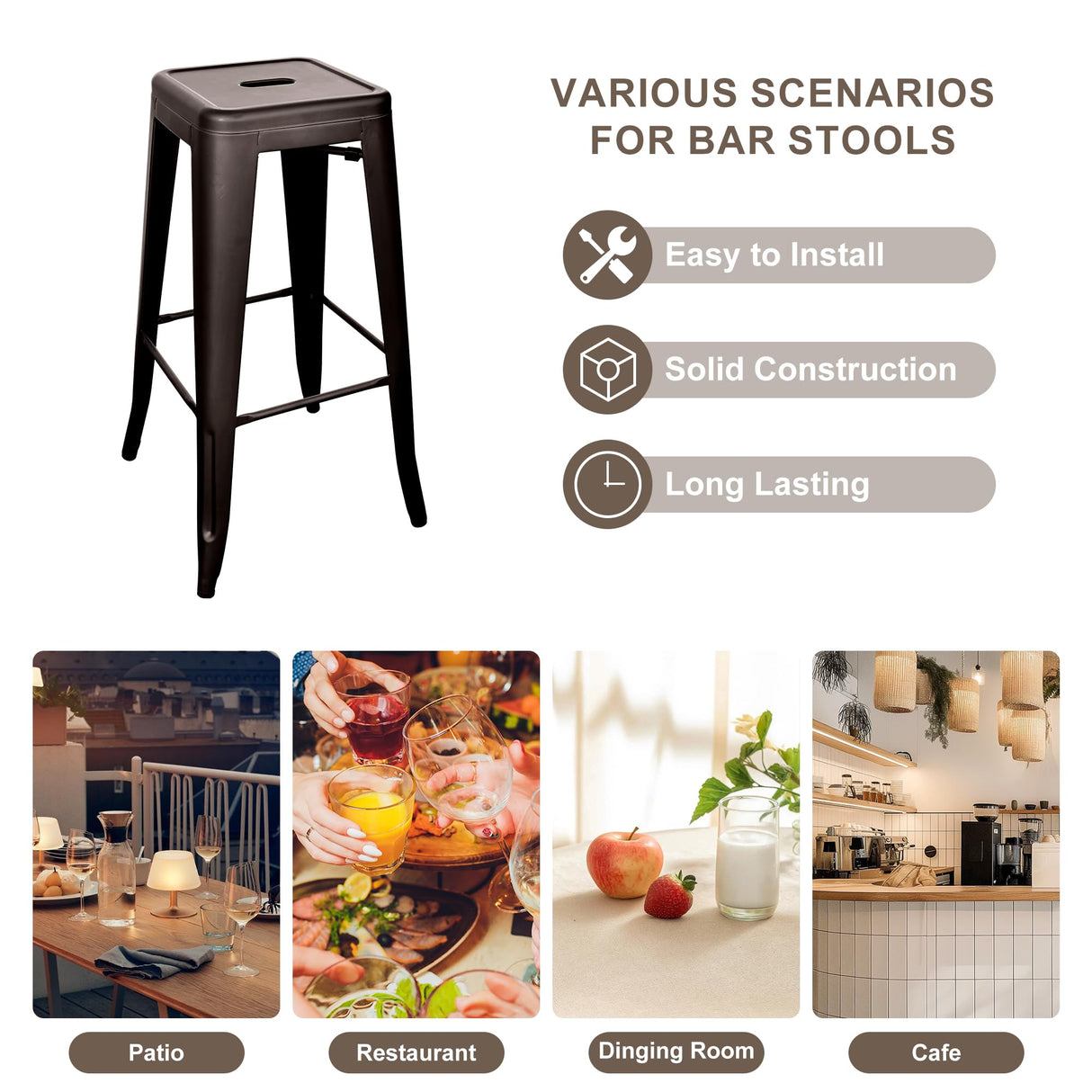 Elevon 30 Inches Metal Bar Stools, High Backless Stools, Indoor Outdoor Stackable Kitchen Stools, Set of 4, Gun Elevon