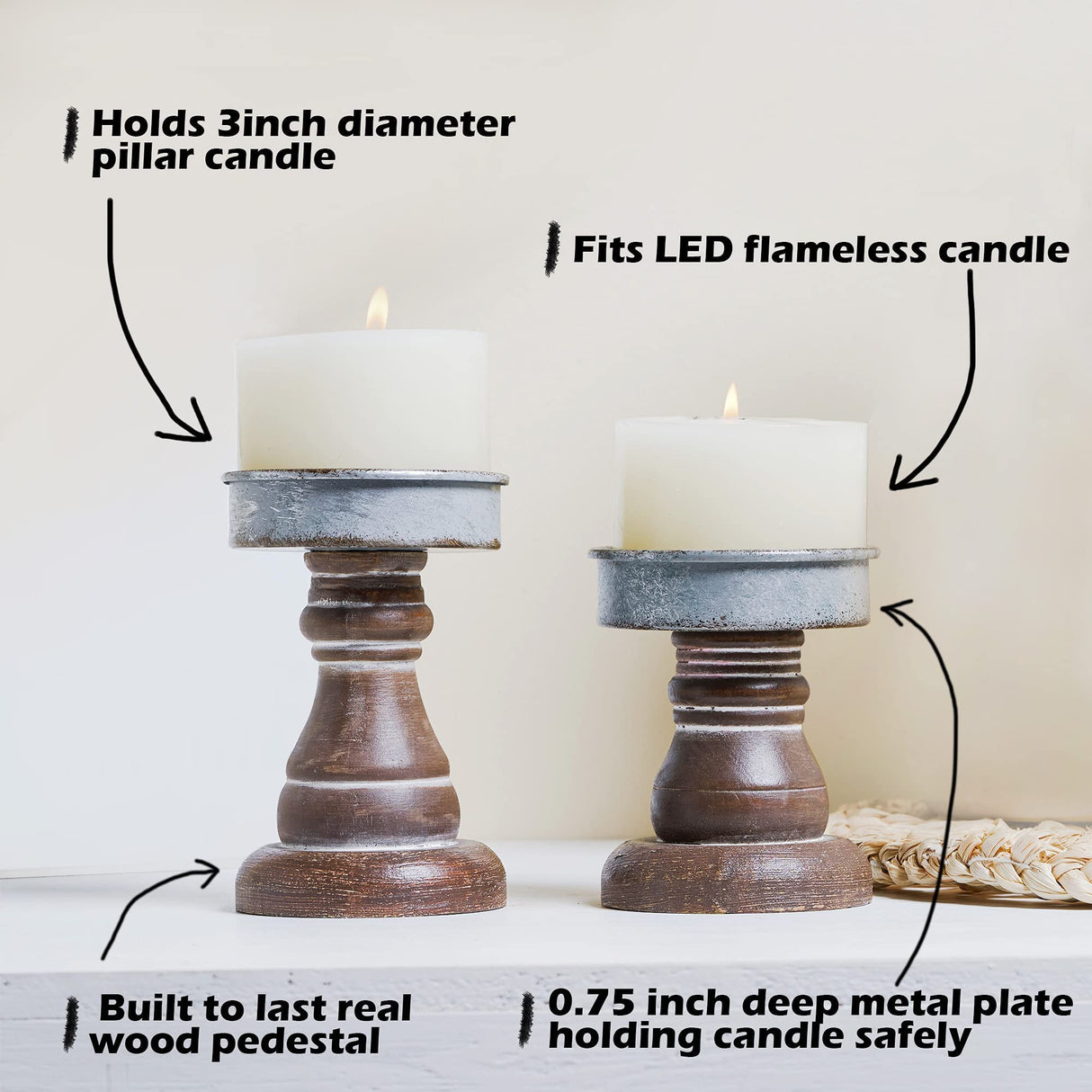 GenMous&Co. Decorative Candle Holders Pedestal Rustic Wood for Pillar Candle Farmhouse Candlestick Holder Galvanized Plate for Mantel, Dining Table, Centerpiece,Coffee Bar,Set of 2(Brown GENMOUS & CO.