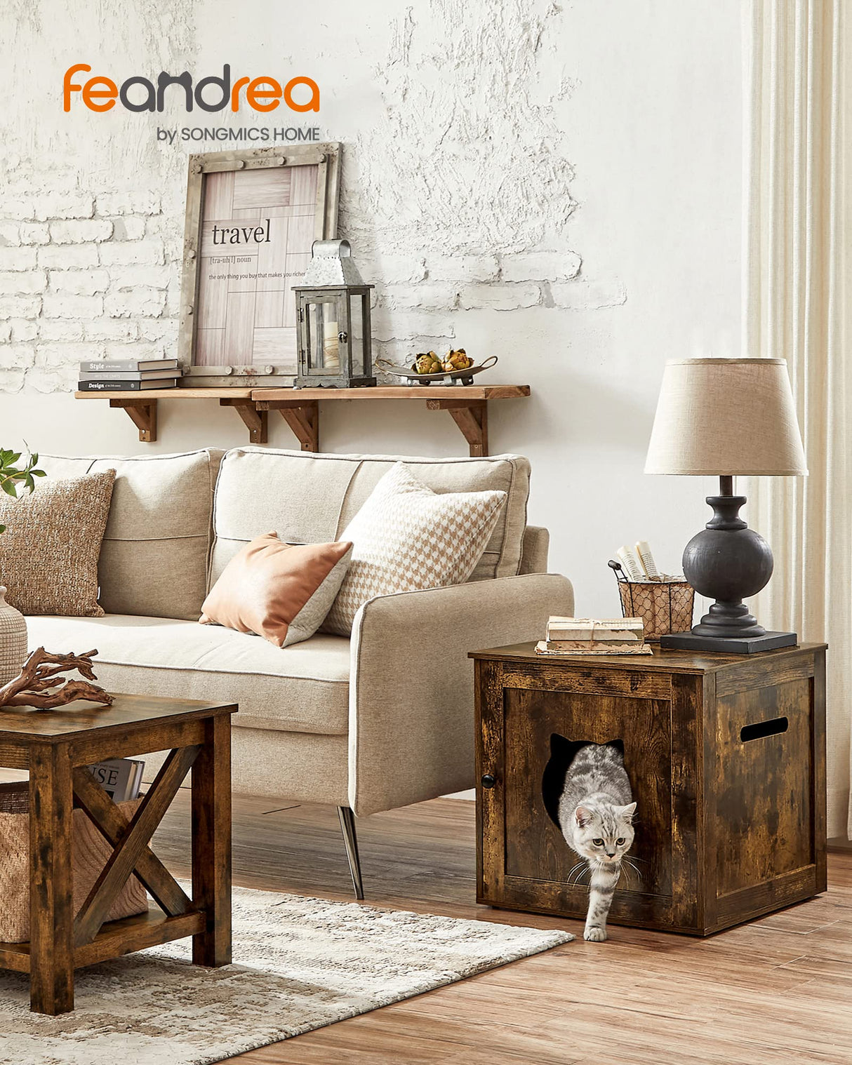 FEANDREA Cat Litter Box Furniture, Hidden Litter Box Enclosure Cabinet with Single Door, Indoor Cat House, End Table, Nightstand, Rustic Brown UPCL004X01 Feandrea