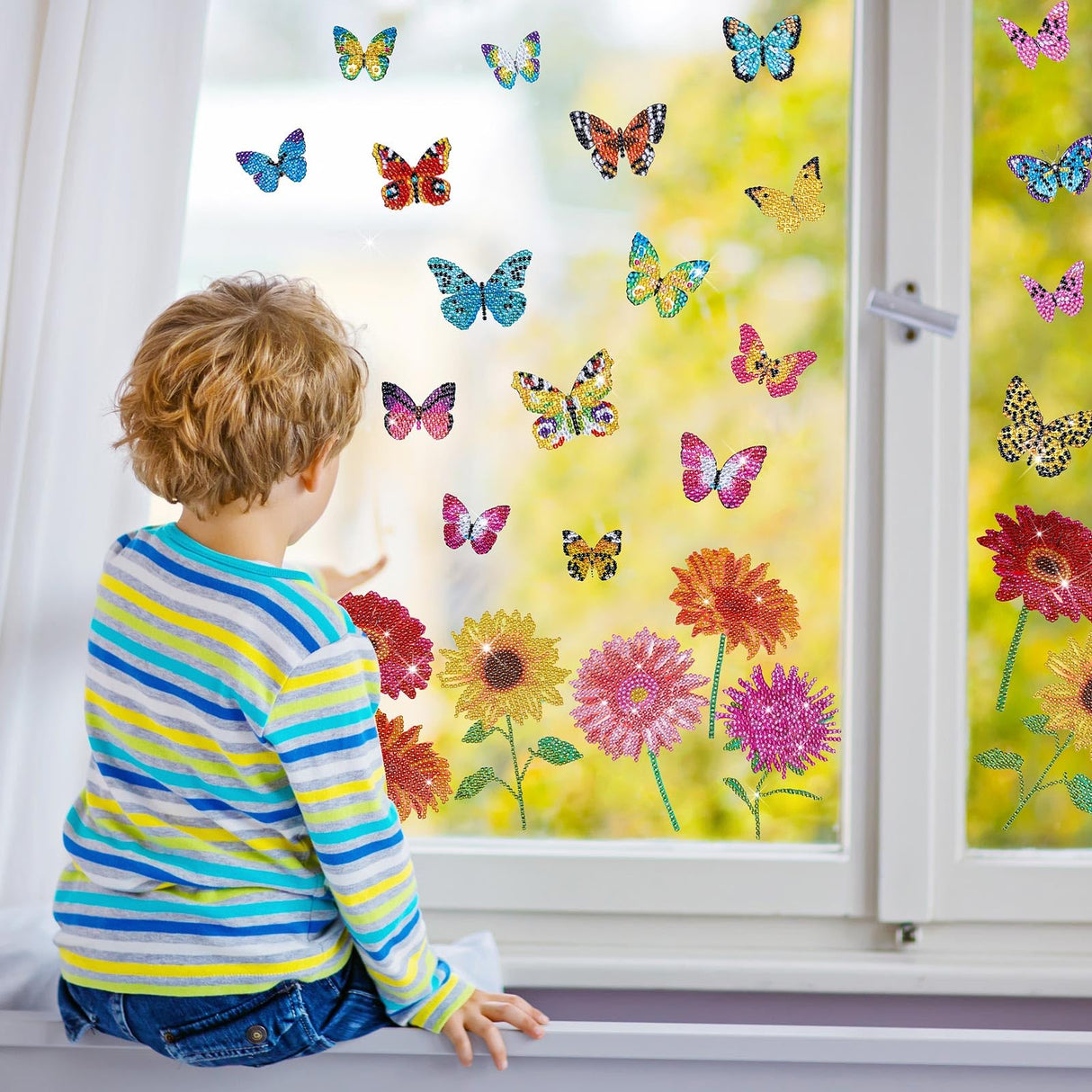 Tenceur 44 Pcs Diamond Art Window Clings Diamond Sun Painting Stickers Butterfly Flower Stained Glass Painting Kit, DIY Stickers Gem Art for Adults Home Decor, Anti Collision Birds Decals Tenceur