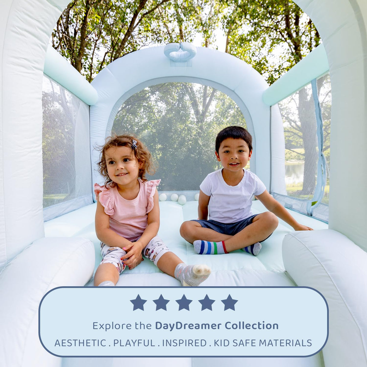 Bounceland Daydreamer Mist Bounce House, Pastel Bouncer with Slide, 8.9 ft L x 7.2 ft W x 6.7 ft H, UL Blower Included, Basketball Hoop, 30 Pastel Plastic Balls, Trendy Bouncer for Kids Bounceland