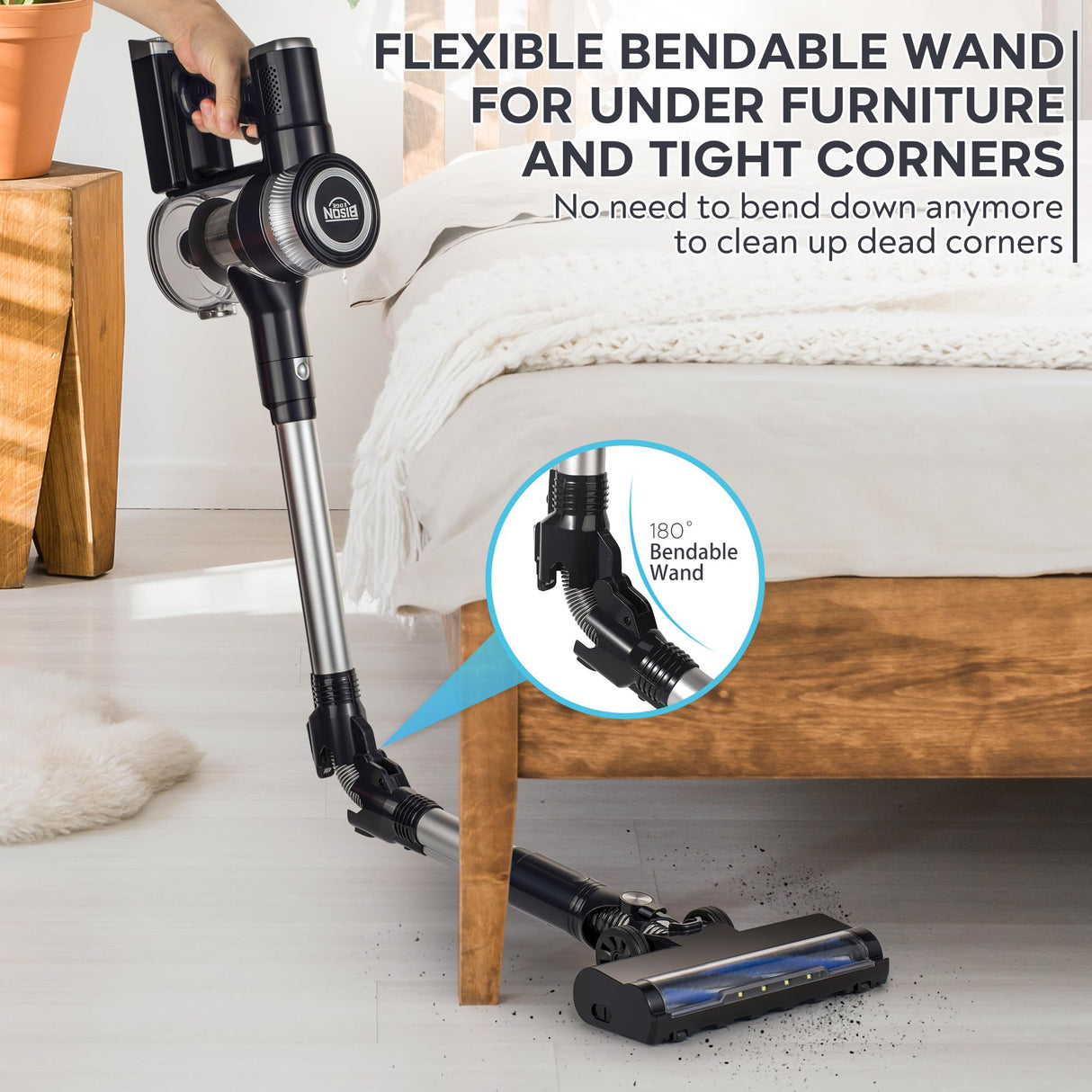 Bison Edge Cordless Vacuum Cleaner, 6-in-1 Powerful Suction with Brushless Motor with a 2500 mAh Battery, 180° Bendable Stick, Lightweight, for Carpet and Hard Floor Bison Edge