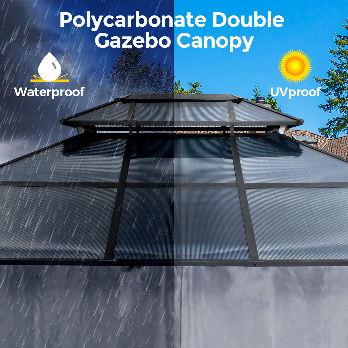 HAPPATIO 10'x 12' Hardtop Gazebo, Outdoor Polycarbonate Double Roof, Aluminum Furniture Gazebo Canopy with Netting and Curtains for Garden, Patio,Deck (Gray) HAPPATIO