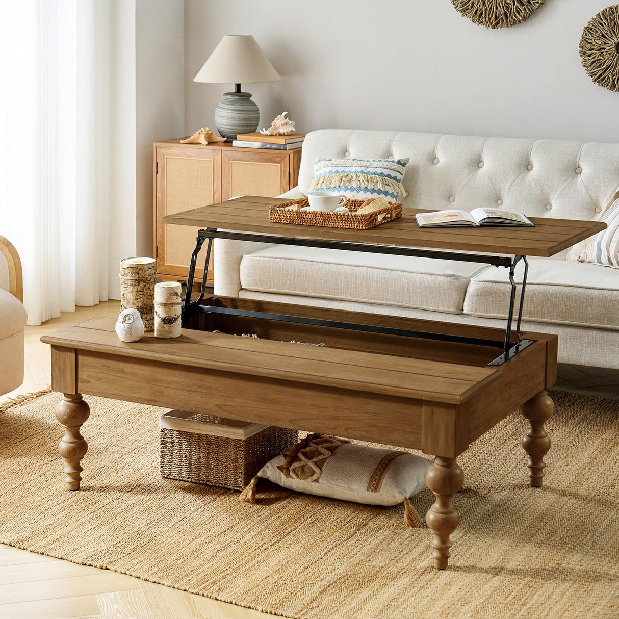 HULALA HOME Wood Lift Top Coffee Table with Storage, Farmhouse Convertible Dining Table for Living Room, Large Rectangle Rustic Central Table with Hidden Compartment, Acorn HULALA HOME