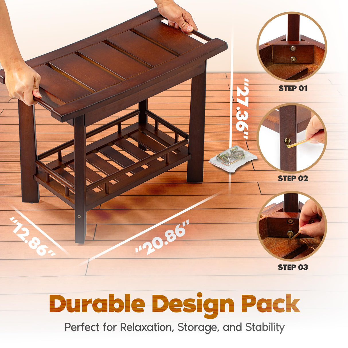 AK Decor 21" Teak Shower Bench for Inside – Luxury Spa-Style Comfort, FSC Certified Durable Teak Wood, Water-Resistant, Ergonomic Seat, Anti-Skid Stability and Enclosed Storage Shelf, 350 lbs Capacity Ak Decor