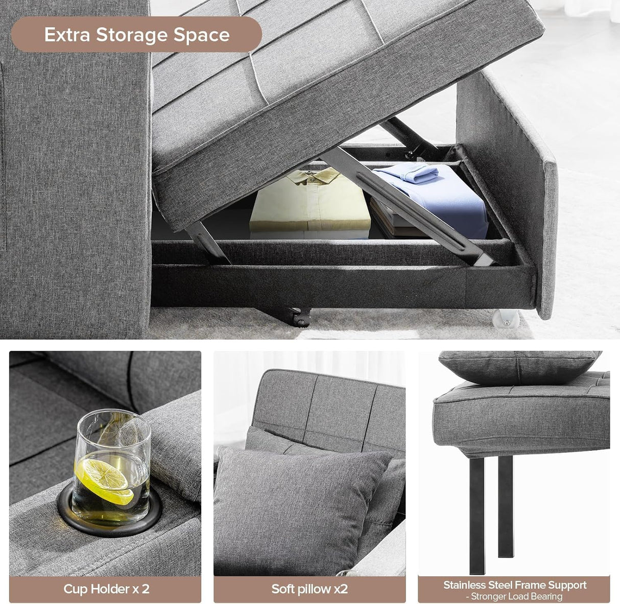 COMHOMA Sleeper Chair Bed,Convertible Sofa Bed Armchair with Cup Holders,3-in-1 Futon Bed Chair with Side Pocket Pull Out Sofa Bed Couch for Living Room,Bedroom (Grey) COMHOMA