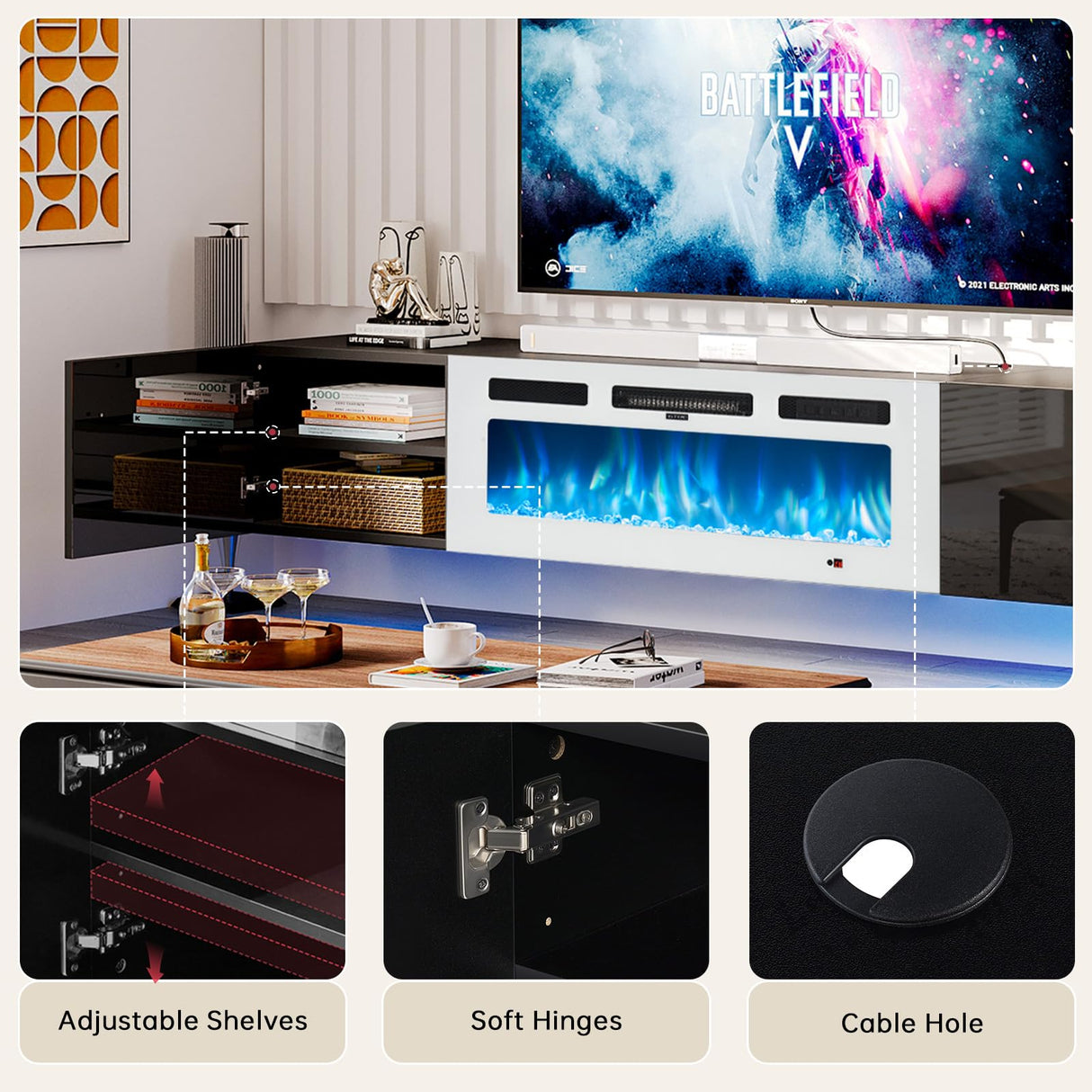 oneinmil Floating TV Stand with 36" Electric Fireplace, Wall Mounted Fireplace Entertainment Center with Storage, 70" TV Console with Fireplace, Floating TV Cabinet, Black+White oneinmil