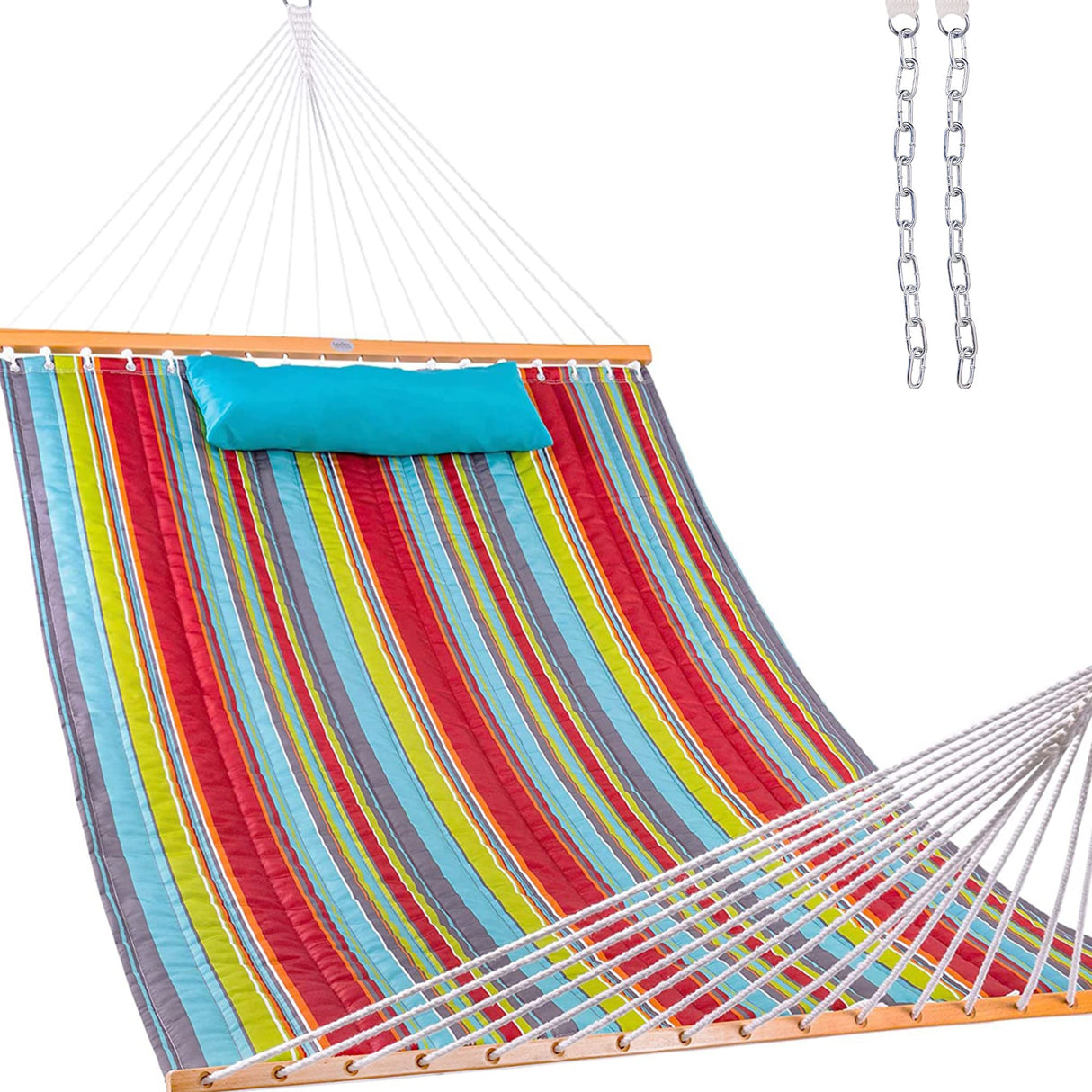 Lazy Daze Hammocks 12 FT Quilted Fabric Double Hammock with Spreader Bars and Detachable Pillow, 2 Person Hammock for Outdoor Patio Backyard Poolside, 450 LBS Weight Capacity, Blue&Red Stripes Lazy Daze Hammocks
