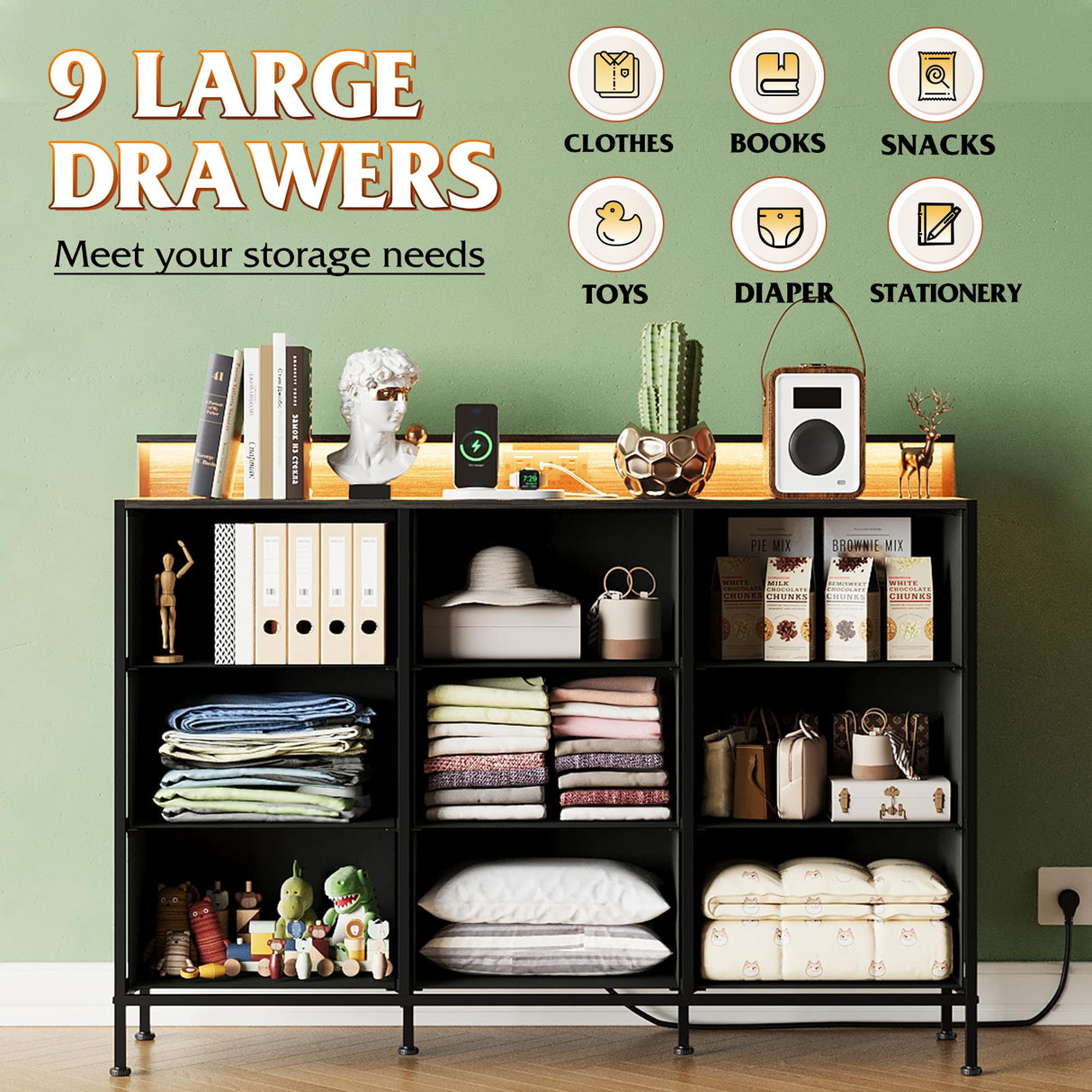 WLIVE Led Dresser for Bedroom, Wide Black Dresser TV Stand for Bedroom with LED Lights and Power Outlet, Chest of Drawers for Clothing, 9 Fabric Drawers and Wood Top for Living Room, Entryway WLIVE