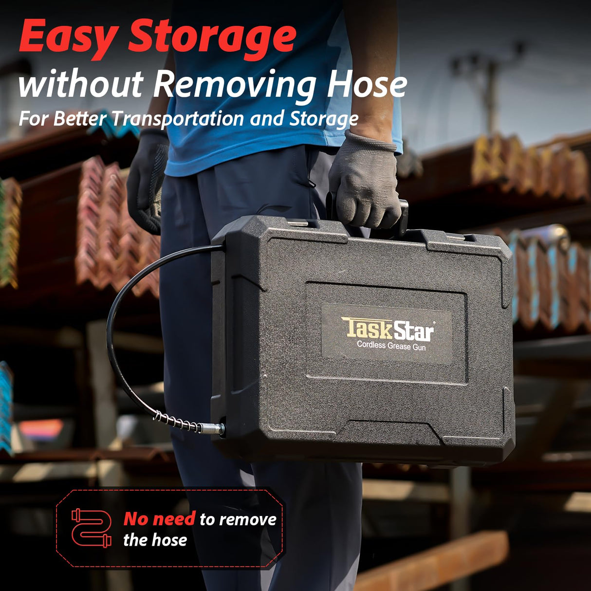 TaskStar Battery Grease Gun, Super Efficient Electric Grease Gun Kit with 2 Batteries and Charger, 39.4” Flexible Hose and Coupler, 10000 PSI Cordless Grease Gun with Super Bright LED Light, Red TaskStar