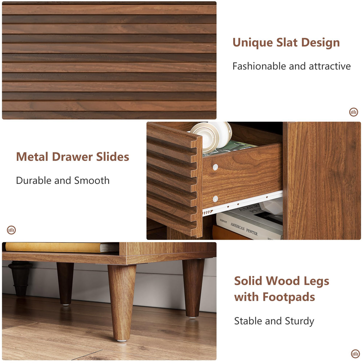 Alohappy Nightstand Set of 2, Mid Century Modern Nightstand, Wood Fluted Bedside Table with Drawer and Storage for Bedroom, Side Table, Accent Table, End Table for Living Room, Brown, 2pcs Alohappy