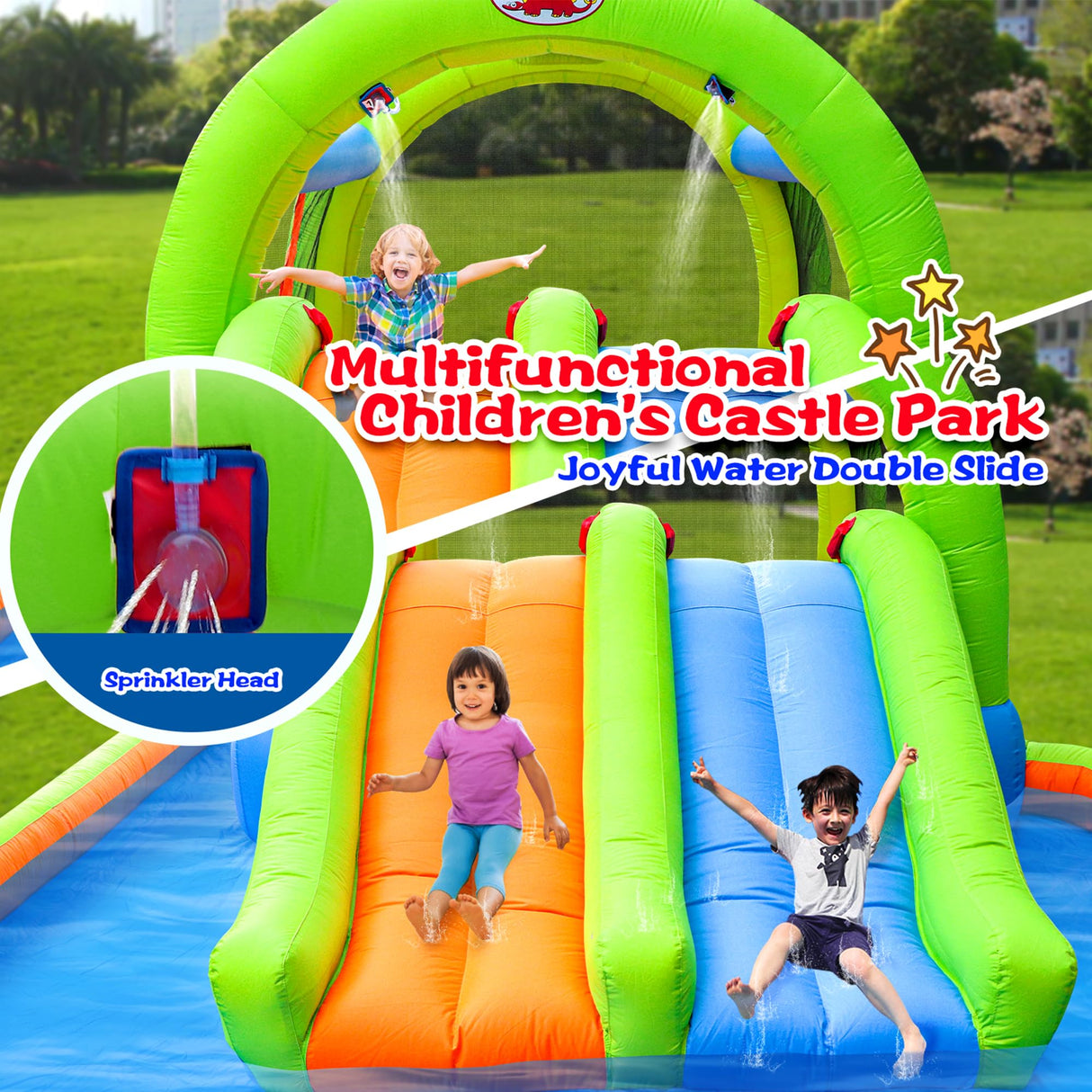 WELLFUNTIME Inflatable Water Park with Blower, and Bouncy House with Double Slide with Water Cannon and Basketball Ring WELLFUNTIME
