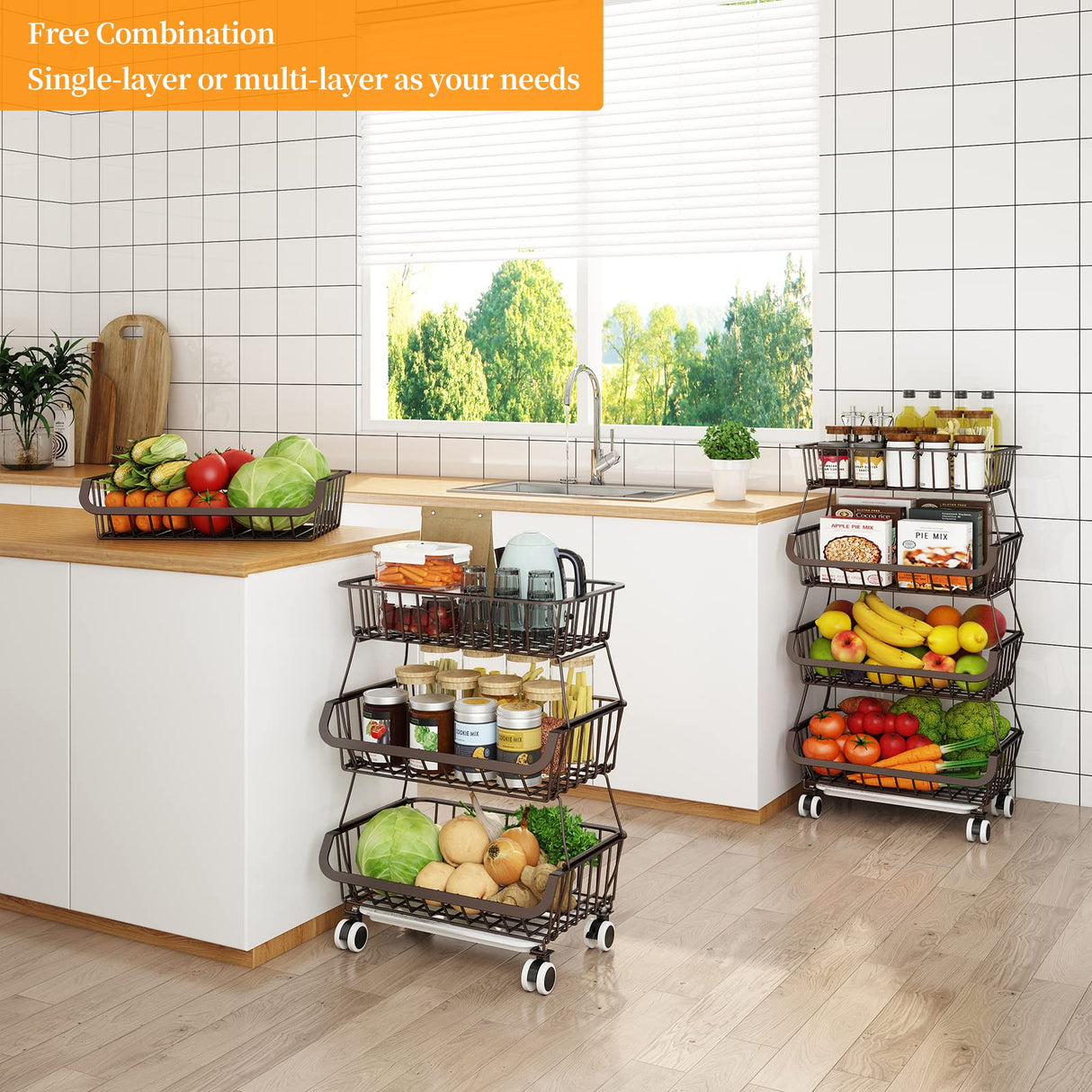 Fruit Vegetable Storage Basket for Kitchen - 4 Tier Stackable Metal Wire Baskets Cart with Rolling Wheels Utility Fruits Rack Produce Snack Organizer Bins for Pantry Bathroom Laundry Bronze Miyawell