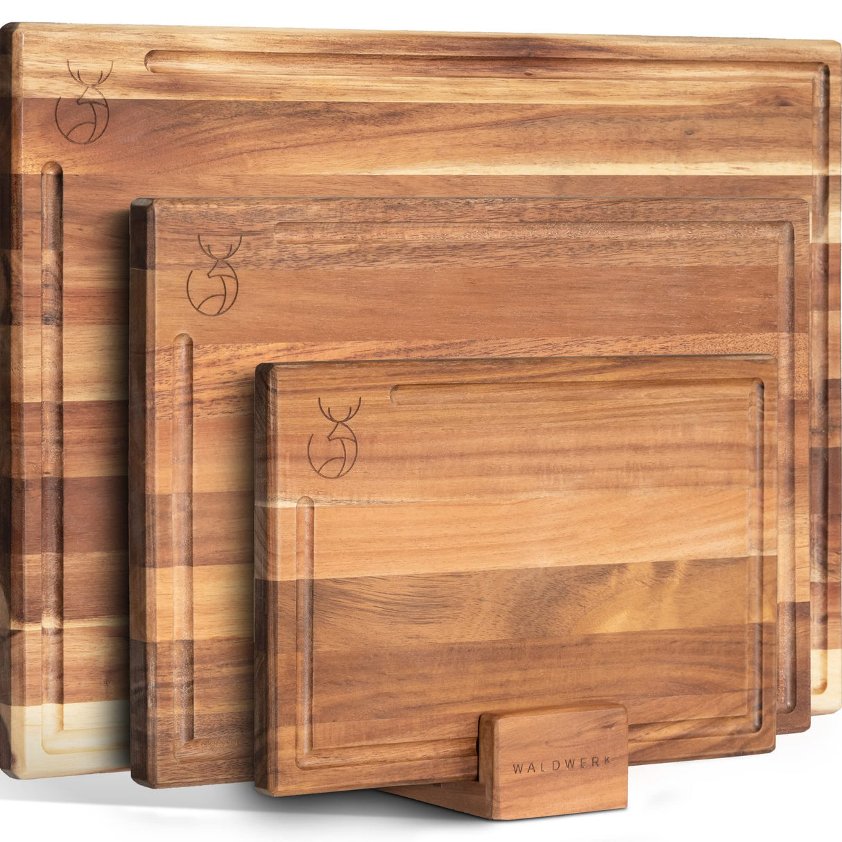 WALDWERK Cutting Board Set (15.75 x 12/13 x 9.5/10 x 7 in) out of Solid Acacia Wood - 0,8 in Thick Cutting Boards for Kitchen - Wood Cutting Boards (3 Boards) WALDWERK