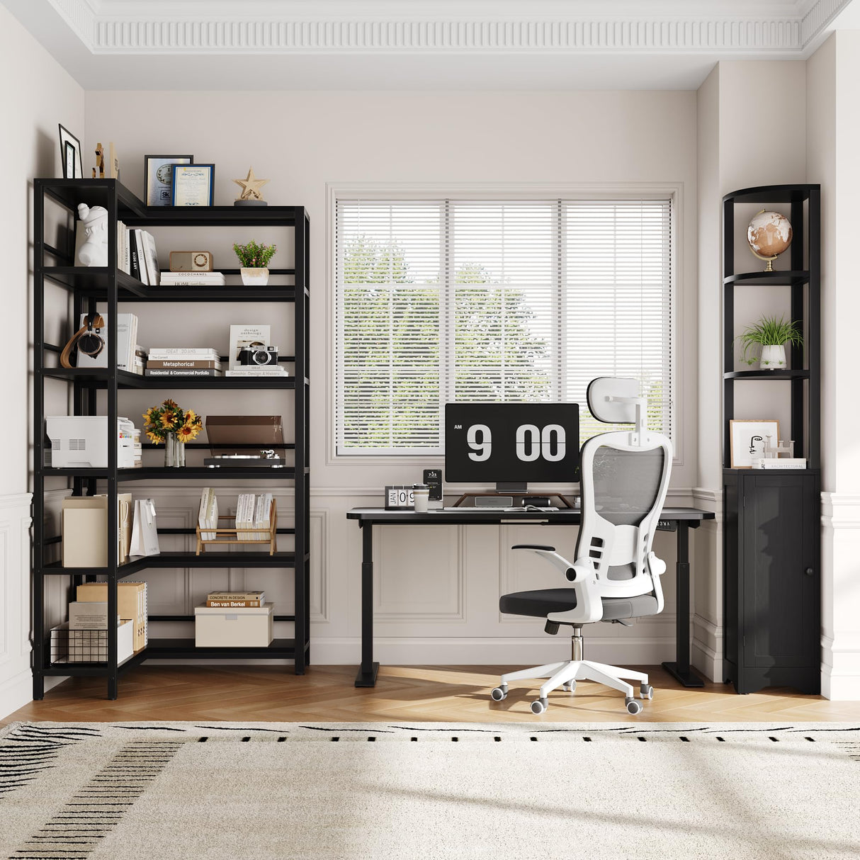 Keyluv Black Corner Bookshelf 72" Tall Corner Book Shelves Cases 2 Pieces Open Bookcase Large Storage Display Shelf Standing 6 Tier Shelving Unit with Cabinet for Home office Living Room, Wood & Metal Keyluv