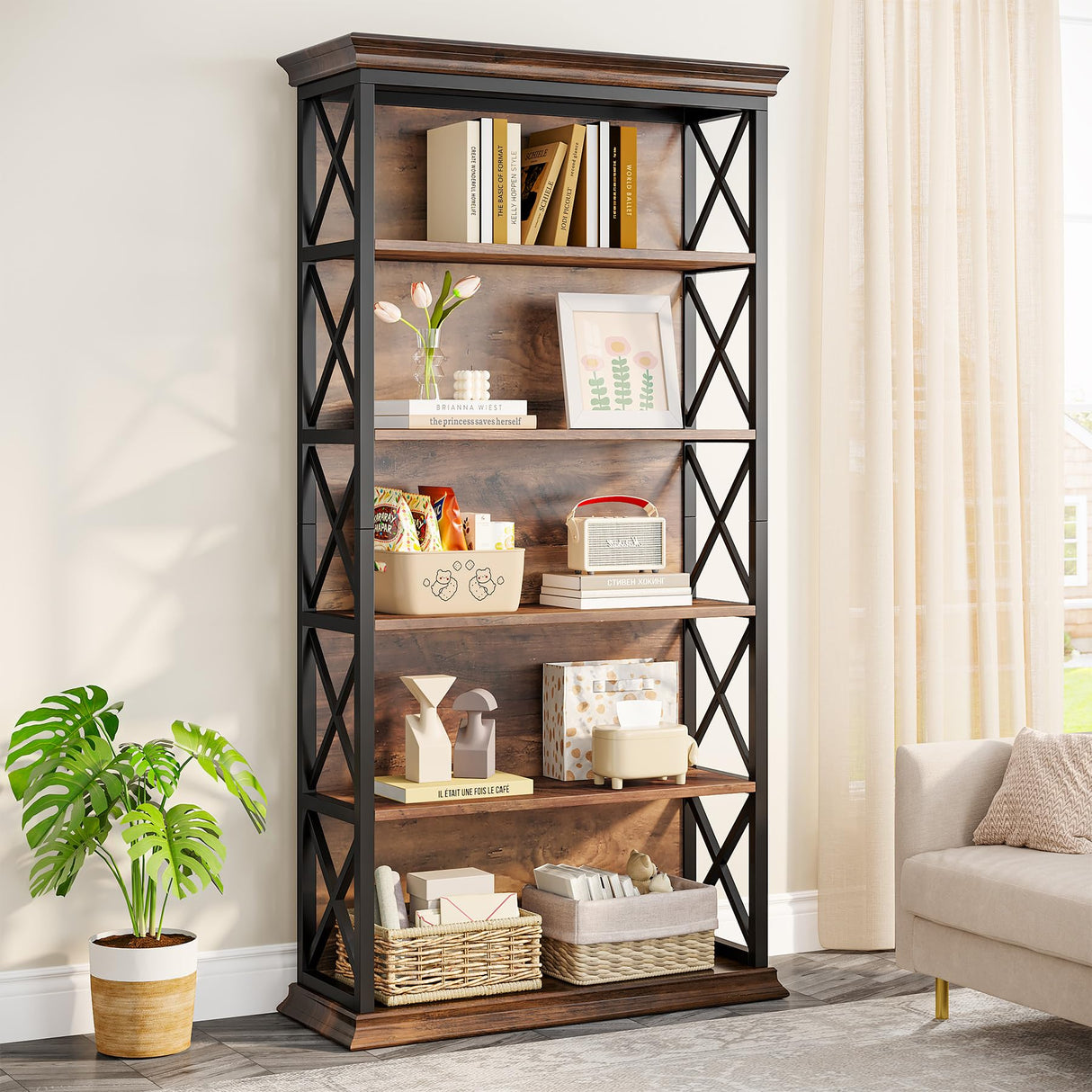 Tribesigns 6-Tier Industrial Bookshelf – 71 Inch Tall Bookcase with X Pattern Accents in Brown and Black Tribesigns