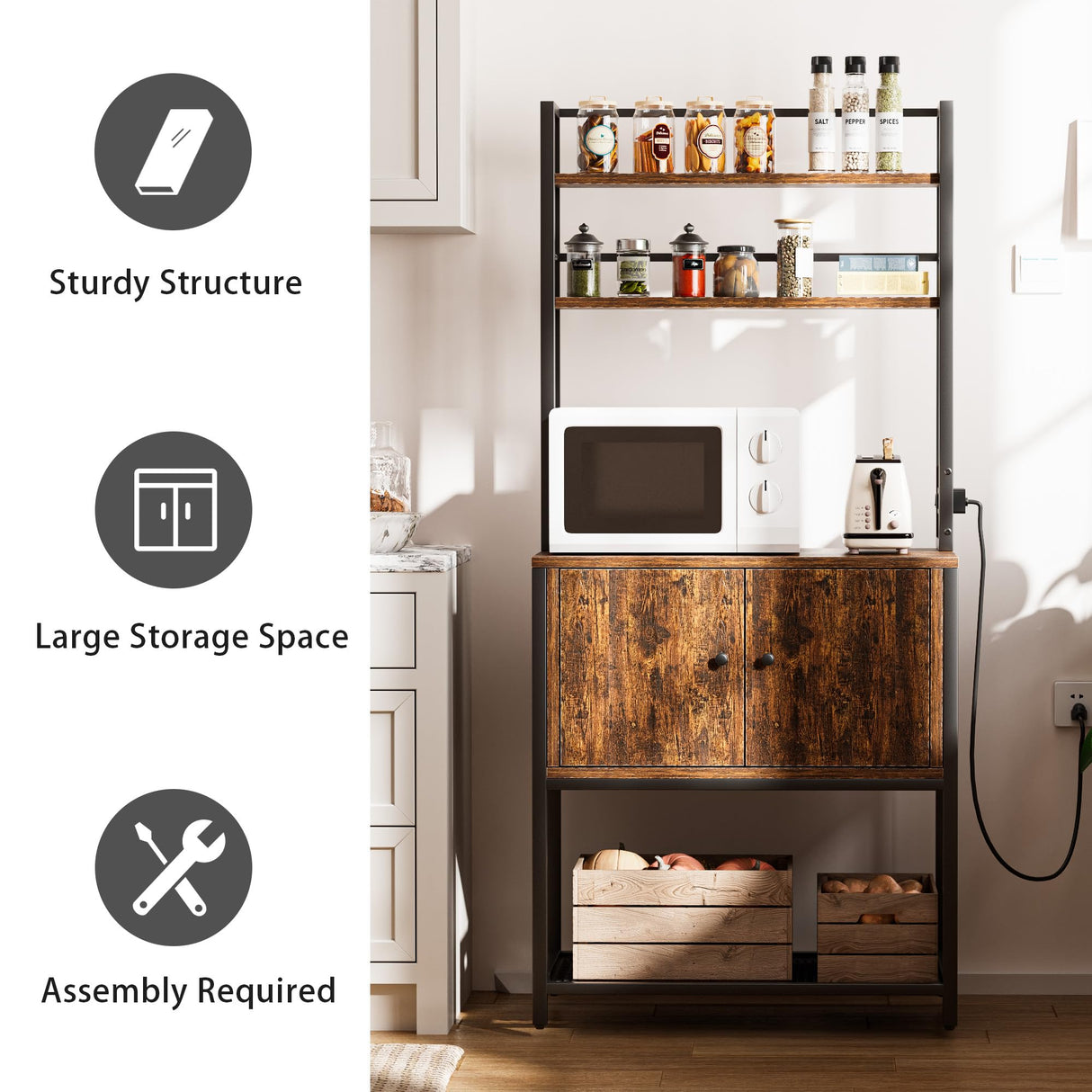 EUBUY Bakers Rack with Power Outlets, 5-Tier Storage Shelf Wood Coffee Bar Cabinet for Kitchen Dining Room, Coffee Bar Station, Kitchen Storage Shelf EUBUY