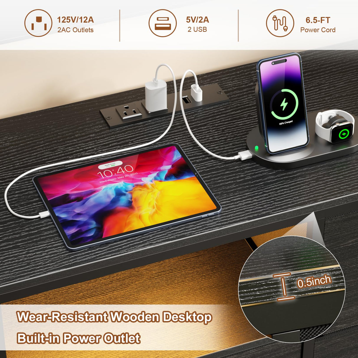 OURPIC 55'' Dresser for Bedroom with 8 Fabric Drawers, Wide Chest of Drawers with LED Lights & Charging Station, Long Wood Dresser TV Stand for Living Room, Hallway,Closet OURPIC