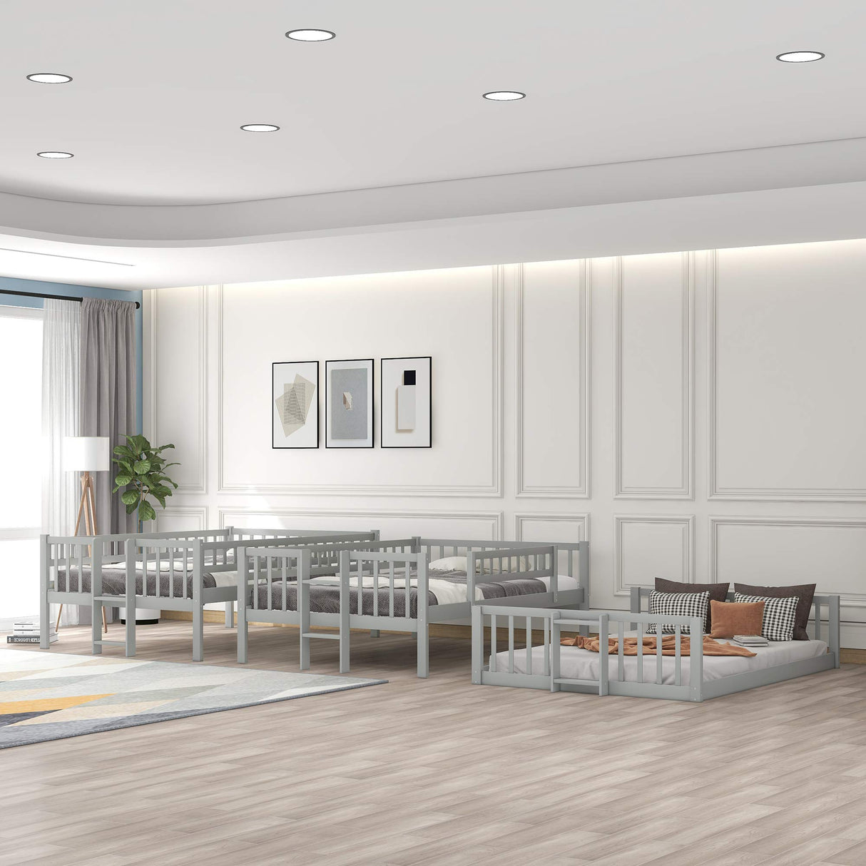 Harper & Bright Designs Triple Bunk Beds with Slide ,Wooden Bunk beds Full Over Full Over Full ,Floor Triple Bunk Bed with Ladder & Guardrails for Kids/Teens/Adults,Can be Convertible to 3 Beds,Grey Harper & Bright Designs