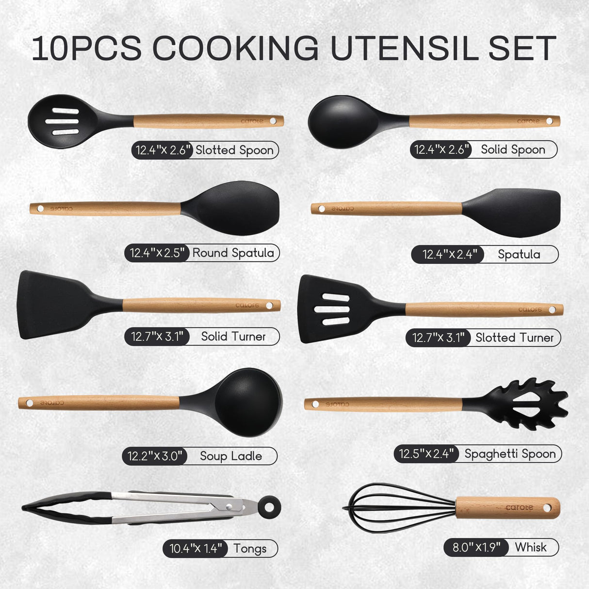 CAROTE Silicone Cooking Utensils Set for Nonstick Cookware, 446°F Heat Resistant Kitchen Utensil Set with Wooden Handle 10pcs, Spatula, Turner, Spoon, Tongs, Whisk CAROTE