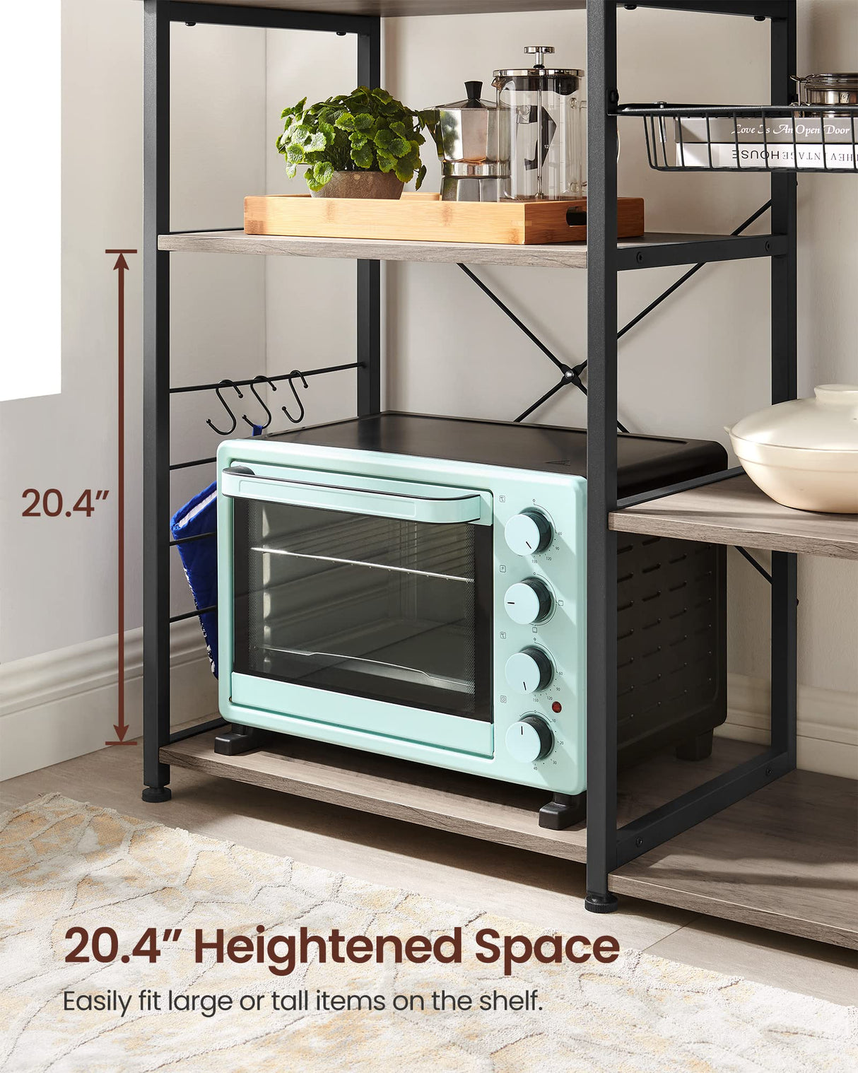 VASAGLE ALINRU Industrial Kitchen Baker's Rack with Wire Basket and Hooks in Greige and Black VASAGLE