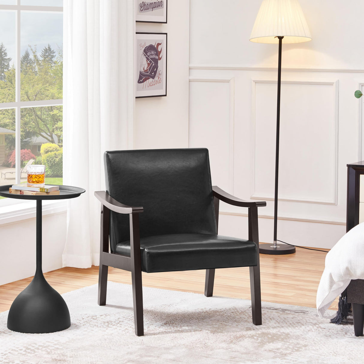 Yaheetech PU Leather Accent Chair, Mid-Century Modern Armchair with Solid Wood Legs, Reading Leisure Chair with High Back for Living Room Bedroom Waiting Room, Black Yaheetech