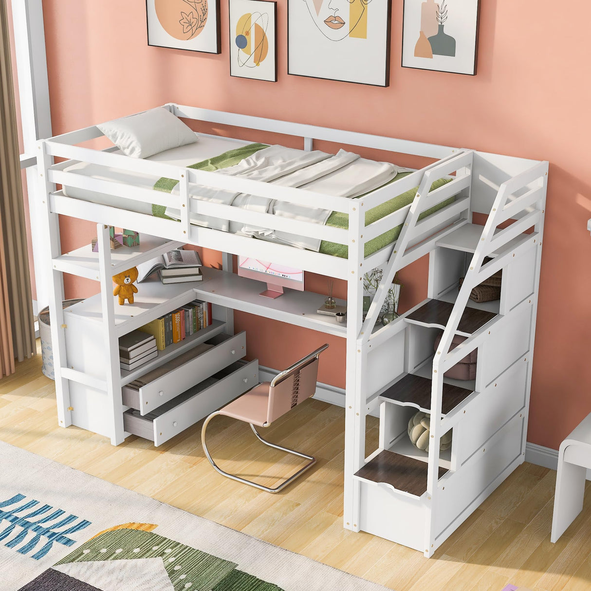 SOFTSEA Multi-Functional Full Loft Bed with Desk, Stairs, and Storage in White SOFTSEA