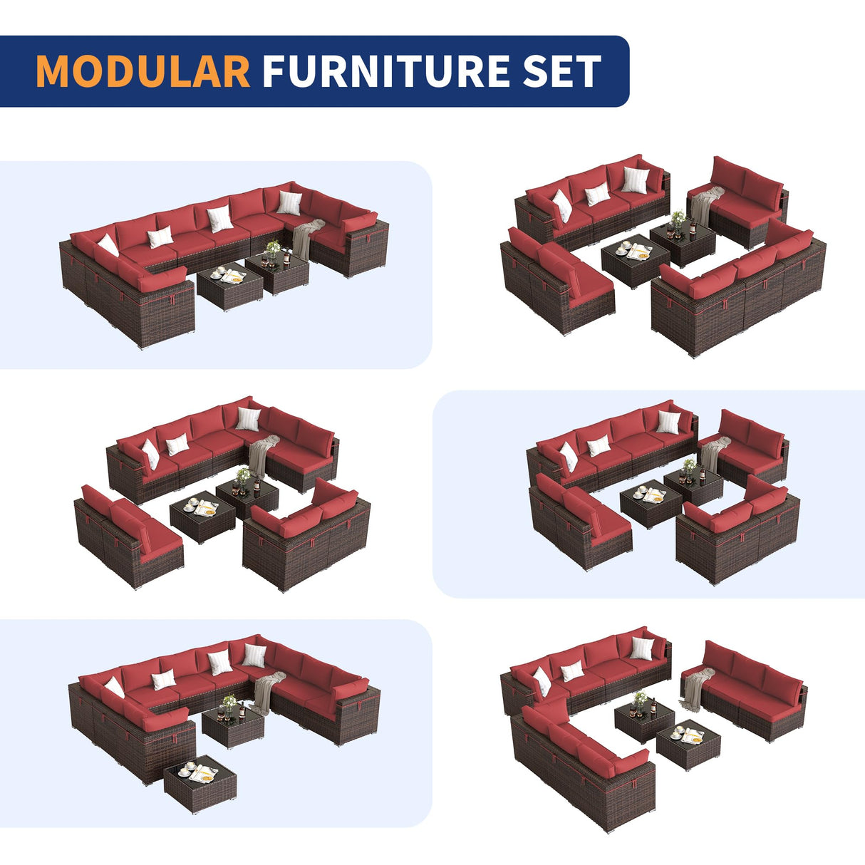 VONZOY Patio Furniture Set, 12-Piece Outdoor Sectional with Waterproof Cover, All-Weather Wicker Patio Conversation Sets for Backyard (Brown with Red Cushion) VONZOY