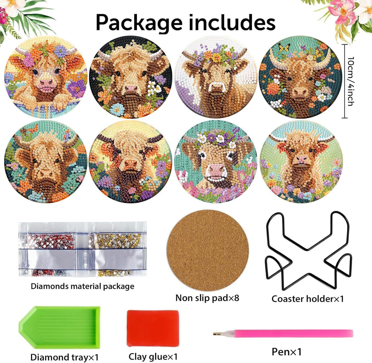 8 Pack Diamond Art Coasters Kits - Highland Cow Diamond Painting Coasters Kit Set with Holder Cork Pads, DIY Cow Diamonds Art Non Slip Coaster Crafts Kits for Adults Beginners Gifts mrpwnle