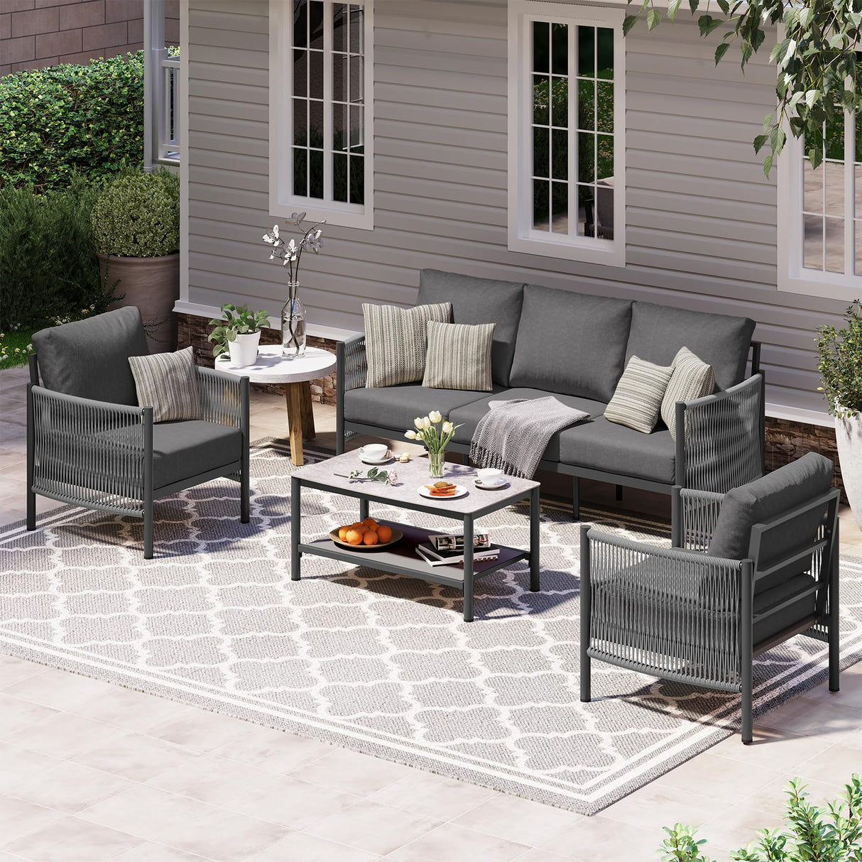 Oasbira Aluminum Outdoor Patio Furniture Set, HDPE Rope 4 Piece Modern Sectional Conversation Sets with Dual-Layer Coffee Table, All Weather Patio Couch Set with Thick Cushions, Gray Frame, Charcoal Oasbira