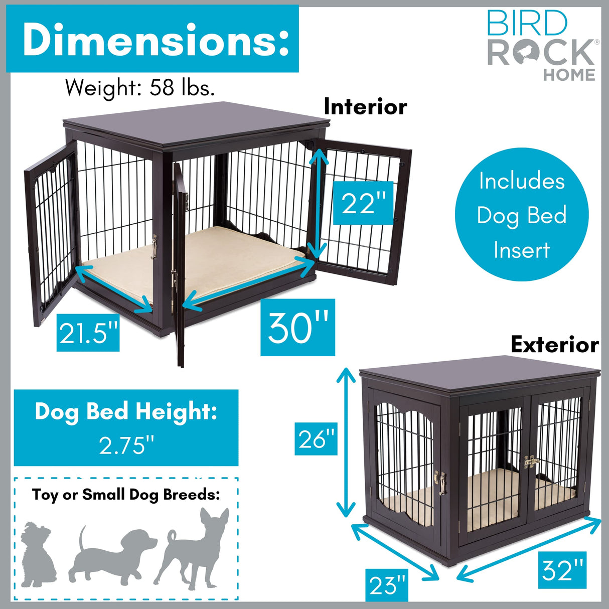 BIRDROCK HOME Decorative Dog Kennel with Pet Bed | Small | Fits Small Dogs | Double Door | Indoor Pet Crate Engineered Wood & Wire Furniture House for Dogs| Side Table | Nightstand – Espresso BIRDROCK HOME