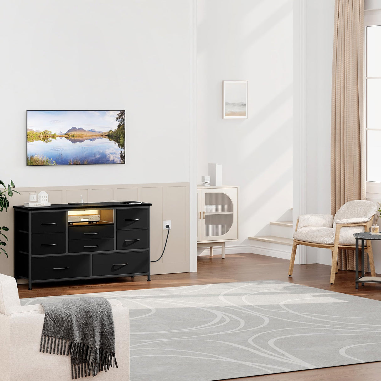 Sunvasagoo 8-Drawer Dresser TV Stand - RGB LED, Power Outlet & USB Ports, Large Storage, Charcoal Black, 47'' Wide Sunvasagoo