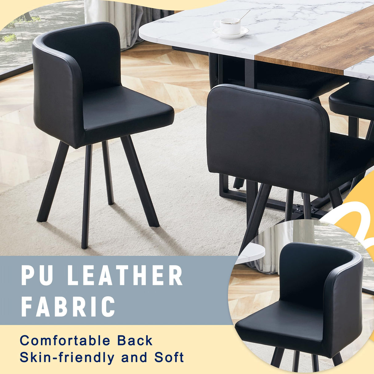 LFVFFA Dining Room Table Set for 6, Space-Saving 60" Wood Color Kitchen Table with PU Leather Chairs, Modern 7-Piece Retangular Dinner Table Set for Apartment Conference Room Small Spaces LFVFFA