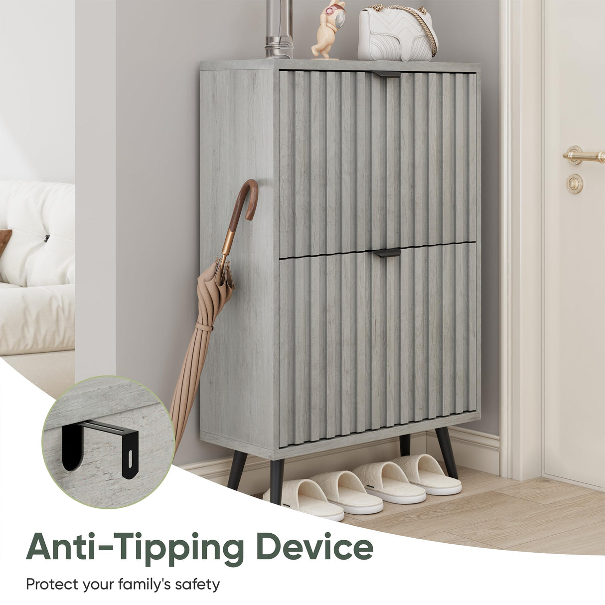 Smuxee Shoe Cabinet with 2 Flip Drawers, 23.6" Grey Hidden Shoe Storage Cabinet with Fluted Design, Freestanding Shoe Organizer Cabinet for Entryway, Hallway, Living Room, Closet Smuxee